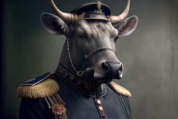 Een stier in een militair uniform met het woord "stier" op de voorkant.