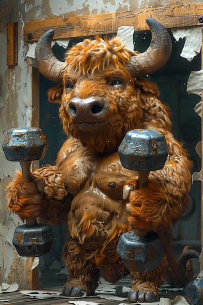 Foto een stier met dumbbells breekt door het gescheurde papier 3d illustratie