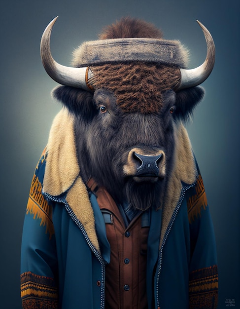 Een stier met een jas waar 'buffel' op staat.