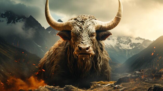 Een stier met grote hoorns staat op een berg