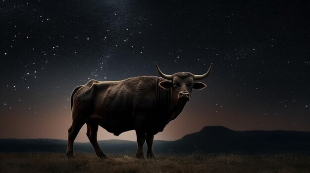 Een stier met hoorns wordt getoond voor een zwarte achtergrondgeneratieve ai