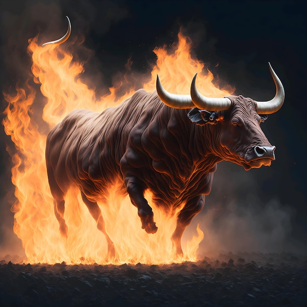Een stier met horens die door een vuur loopt.