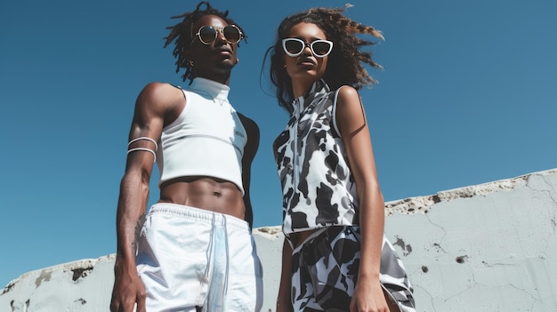 Een stijlvol jong echtpaar poseert zelfverzekerd in chique zomerkleding tegen een heldere blauwe lucht die hedendaagse mode uitstraalt