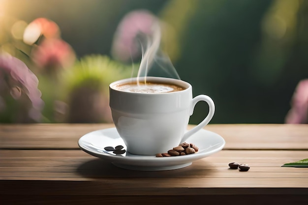 een stijlvol kopje koffie in een elegant frans kasteel en tuin achtergrond koffie branding sjabloon