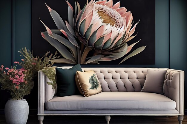 Een stijlvol room39s-decor is voorzien van een bank en een prachtige protea-bloem aan de muur Generative Ai