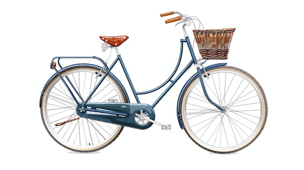 Een stijlvolle blauwe fiets met een bruine lederen stoel en een wicker mand aan de voorzijde De fiets is geïsoleerd op een witte achtergrond