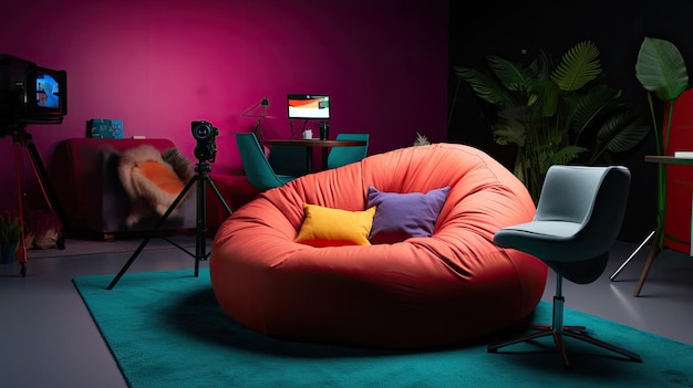 een stijlvolle boontjeszakstoel met een laptop met elementen geïnspireerd op de ontwerpeesthetiek