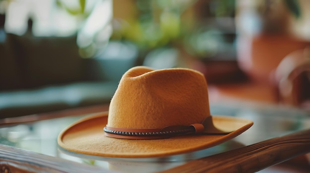 Een stijlvolle cowboyhoed van wol zit op een houten tafel