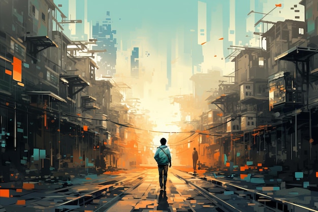Een stijlvolle jonge man loopt met vertrouwen door een levendige stadsstraat in een heldere illustratie