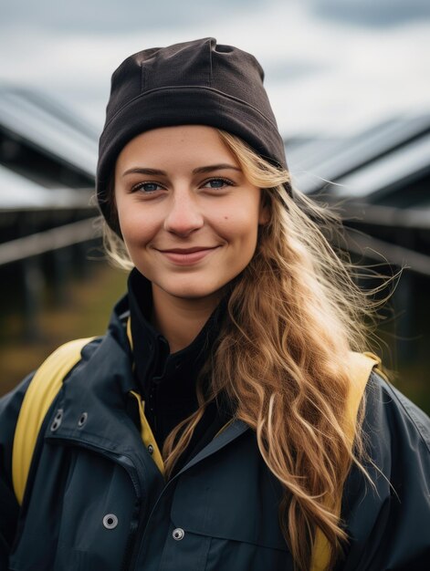 Een stijlvolle jonge vrouw poseert zelfverzekerd met zonnepanelen op de achtergrond