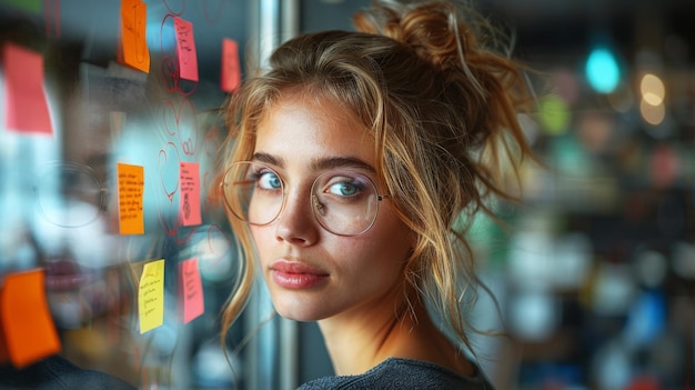 Foto een stijlvolle jonge vrouw werkt aan een projectplan met behulp van kleverige aantekeningen op een glazen muur.