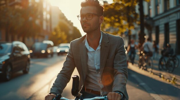 Een stijlvolle jonge zakenman die met de fiets naar zijn werk gaat.