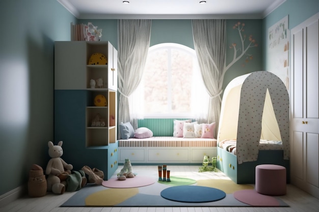 Een stijlvolle kinderkamer met een comfortabele wieg en speelgoed Interieurinrichting