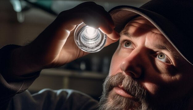 Een stijlvolle man met een baard die een door AI gegenereerd whiskyglas vasthoudt