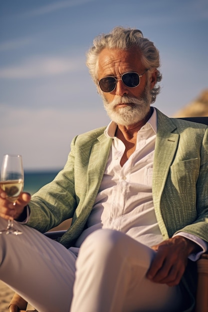Een stijlvolle seignon man met een glas wijn zit op een stoel op de zandkust Generatieve AI