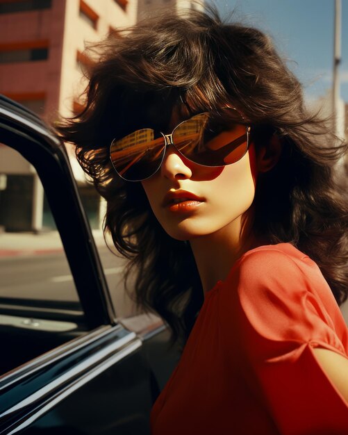 Een stijlvolle vrouw met een zonnebril die zelfverzekerd naast een slanke auto staat.