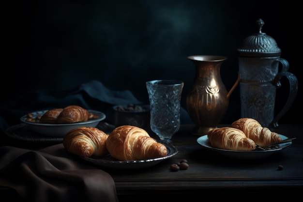 Een stilleven met croissants en een kopje koffie