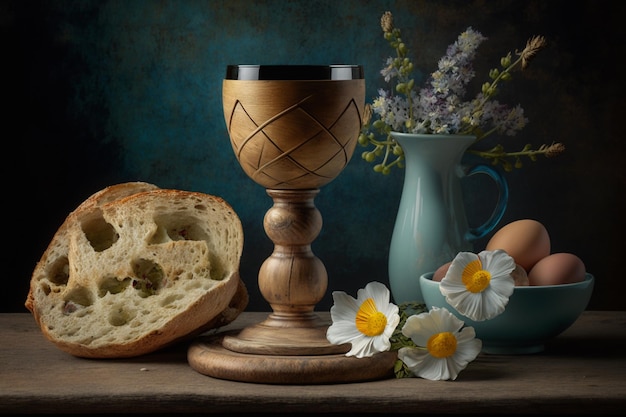 Een stilleven met een kop brood en een brood