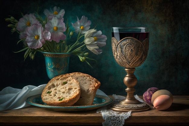 Een stilleven schilderij van een bord brood en een vaas met bloemen.