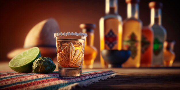 Een stilleven van kleurrijke glazen en flessen tequila en mezcal een Mexicaanse geest