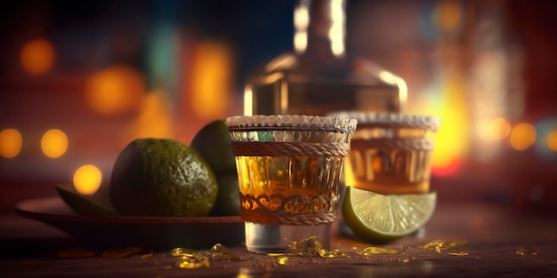 Foto een stilleven van kleurrijke glazen en flessen tequila en mezcal een mexicaanse geest