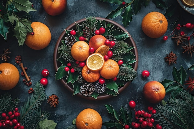 Een stilleven van sinaasappels, holly en pijnbomen.