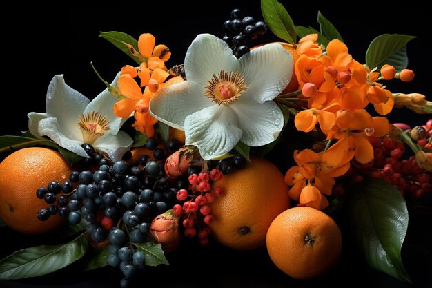 Een stillevensarrangement met oranje vruchten en bloemen oranje beeldfotografie