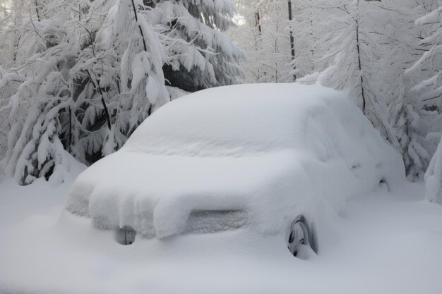 Een stilstaande auto genesteld in een drift van sneeuw een bevroren tableau van winter39s greep presenteren natuur39s winterse kunst