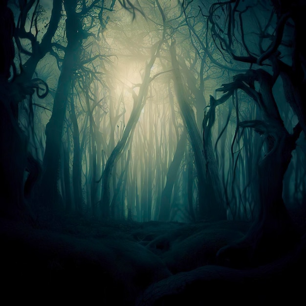 Een stockfoto van een eng mystiek bos