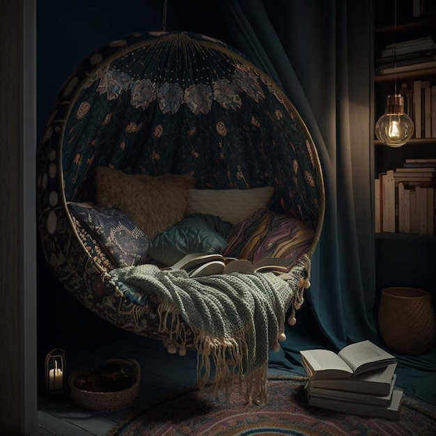 Een stoel in een donkere kamer met een lamp en boeken op de vloer