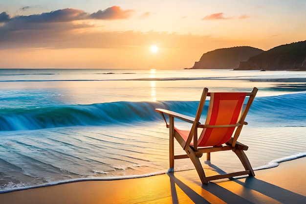 Een stoel op het strand bij zonsondergang