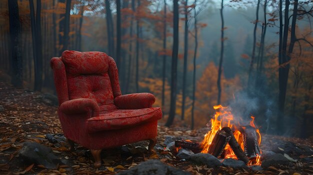 Een stoel zit naast een vuur in het bos.