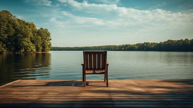 Een stoel zit op een houten dek naast een waterlichaam