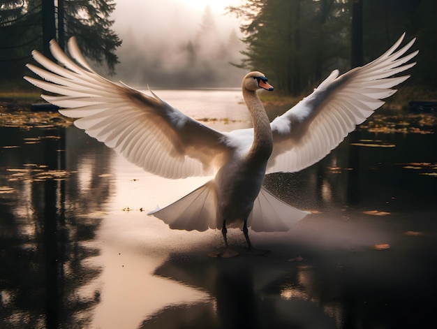 Een stomme zwaan die met zijn vleugels in het meer fladdert.