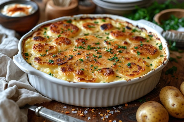 Een stoofpot met aardappelen en kruiden op een tafel ai