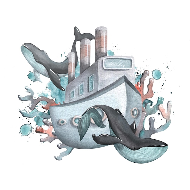 Een stoomboot met walvissen, koralen en waterspatten Aquarel illustratie Samenstelling uit de collectie van WHALES Voor het ontwerpen en decoreren van prints stickers posters kaarten ansichtkaarten