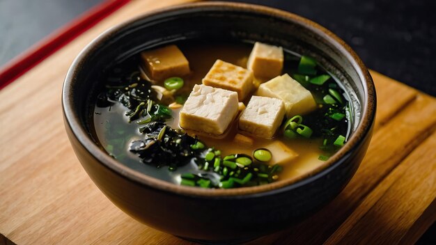 Foto een stoomende kom met traditionele miso-soep met tofu-zeewier en thee op een houten dienblad