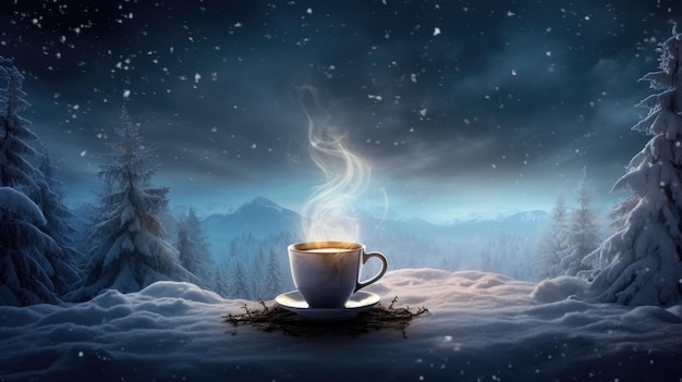 een stoomende kop koffie een warme en uitnodigende sneeuwrijke nacht achtergrond