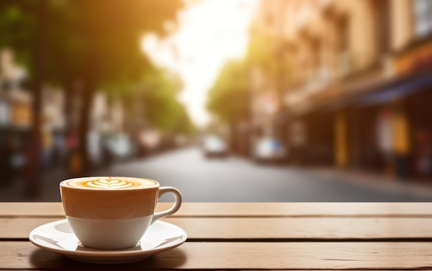 Een stoomende kop koffie met een hartvormige latte kunst zit op een houten tafel