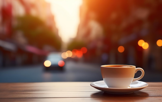 Een stoomende kop koffie met een hartvormige latte kunst zit op een houten tafel