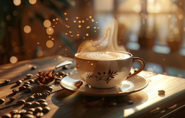 Een stoomende kop koffie met latte kunst op een schotel versierd met koffiebonen op een rustieke houten tafel in een gezellige keuken omgeving