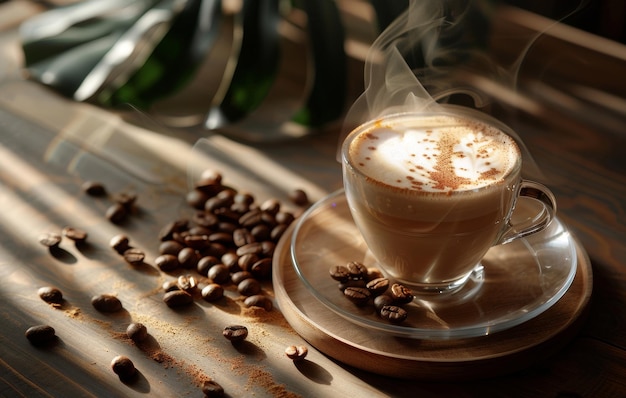 Een stoomende kop koffie met latte rust op een houten oppervlak omringd door koffiebonen en burlap die een warme, gezellige sfeer oproepen