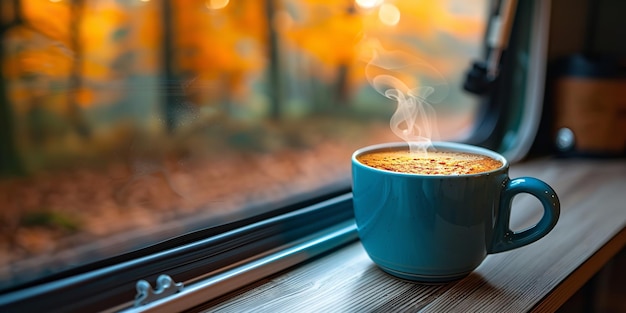 Een stoomende kop koffie op de vensterbank van een kampeerder