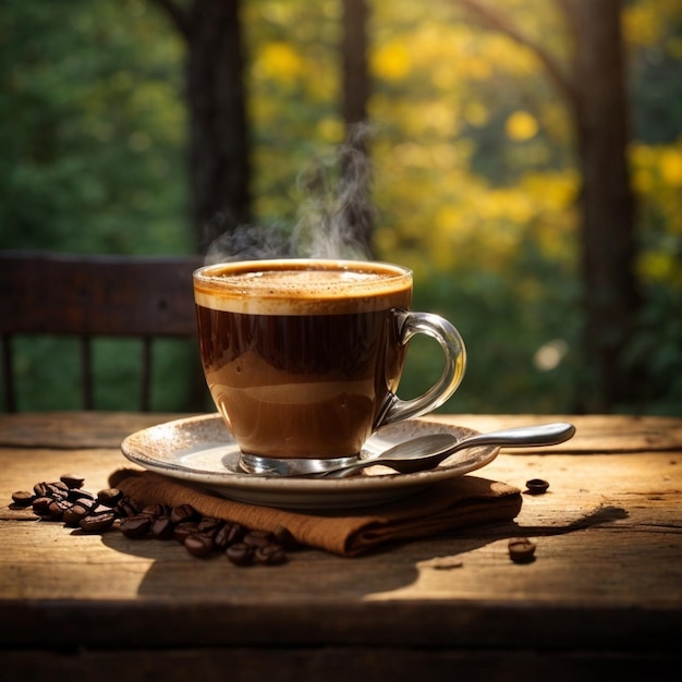 Een stoomende kop vers gebrouwen koffie zit op een rustieke houten tafel