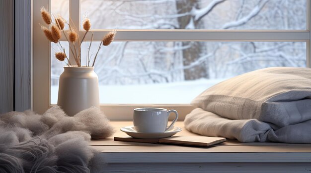 een stoomende kop warme koffie een open boek en een warme deken die op de vensterbank rust in een modern minimalistisch huisje het toneel wordt aangevuld door een besneeuwd landschap met sneeuwstroom buiten