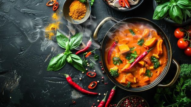 Een stoomende pot met aromatische curry omringd door kleurrijke ingrediënten en kruiden