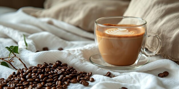 Een stoomende verse kop koffie op een tafel met een ongerepte doek naast koffiebonen voor een kussen