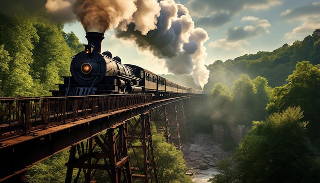 Een stoomtrein steekt een ijzeren brug over