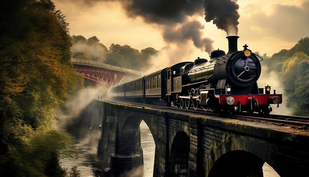 Een stoomtrein steekt een ijzeren brug over