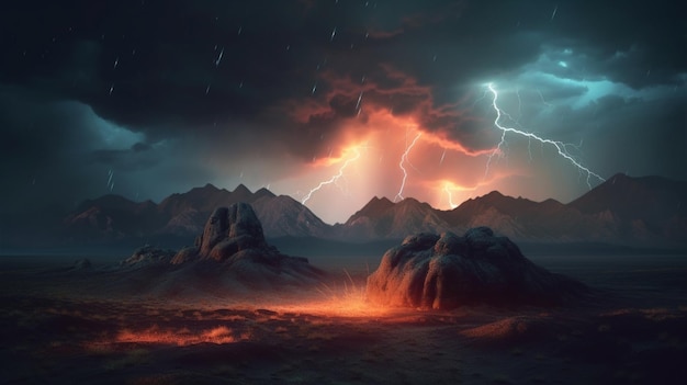 Een storm in de woestijn met bergen en bliksem